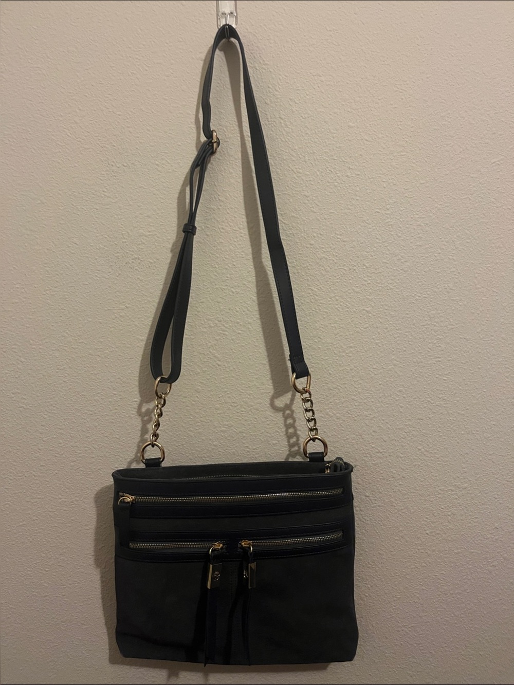 Spartina 449 Navy Blue Suede & Leather Triple Zip Crossbody Hipster Bag